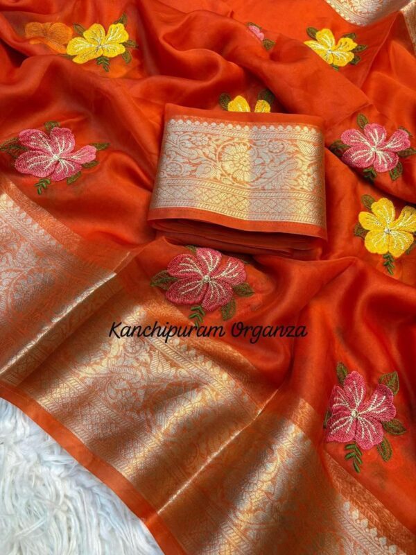 Kanchipuram Organza Jacquard Border Embroidered Saree with Running Blouse for women festive wear