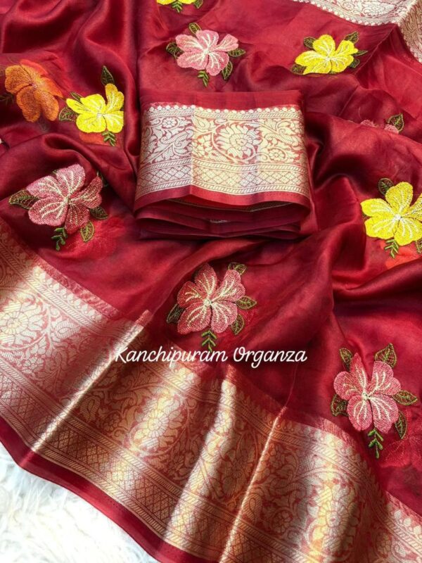 Kanchipuram Organza Jacquard Border Embroidered Saree with Running Blouse for women festive wear