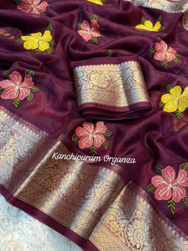 Kanchipuram Organza Jacquard Border Embroidered Saree with Running Blouse for women festive wear
