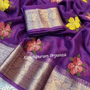 Kanchipuram Organza Jacquard Border Embroidered Saree with Running Blouse for women festive wear