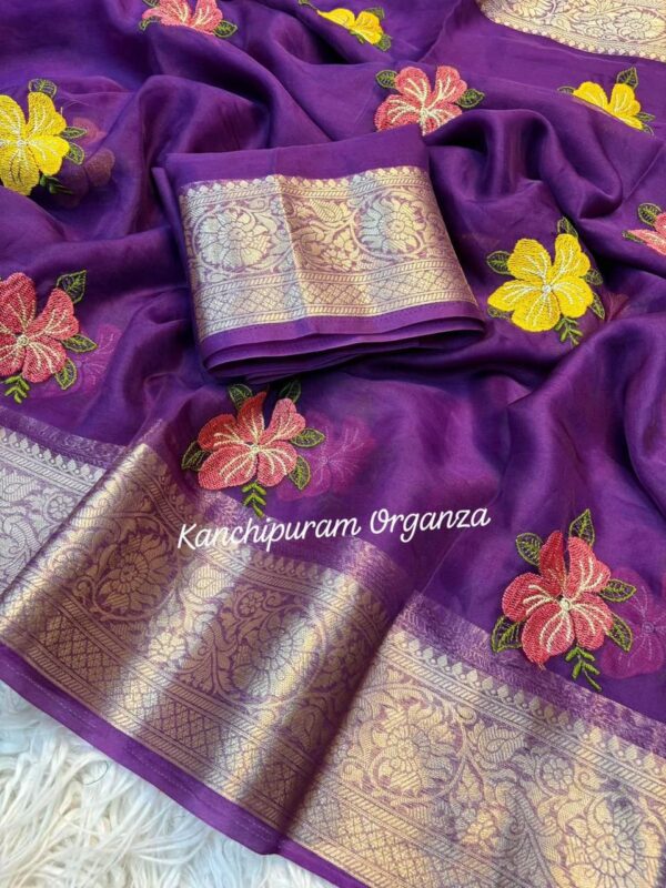 Kanchipuram Organza Jacquard Border Embroidered Saree with Running Blouse for women festive wear
