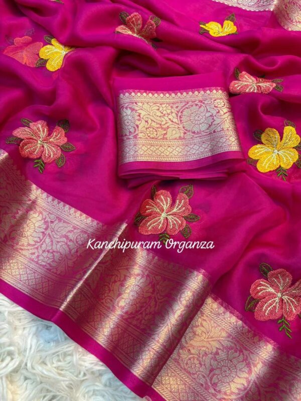 Kanchipuram Organza Jacquard Border Embroidered Saree with Running Blouse for women festive wear