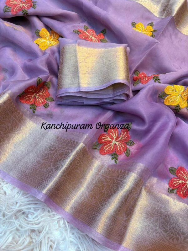 Kanchipuram Organza Jacquard Border Embroidered Saree with Running Blouse for women festive wear