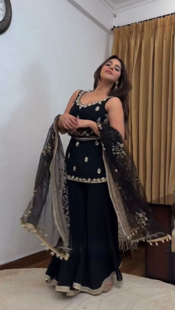 Elegant Black faux georgette top and Palazzo Set with Heavy Embroidery Dupatta Party Wear for women festive wear