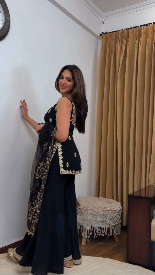 Elegant Black faux georgette top and Palazzo Set with Heavy Embroidery Dupatta Party Wear for women festive wear