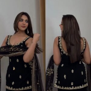 Elegant Black faux georgette top and Palazzo Set with Heavy Embroidery Dupatta Party Wear for women festive wear