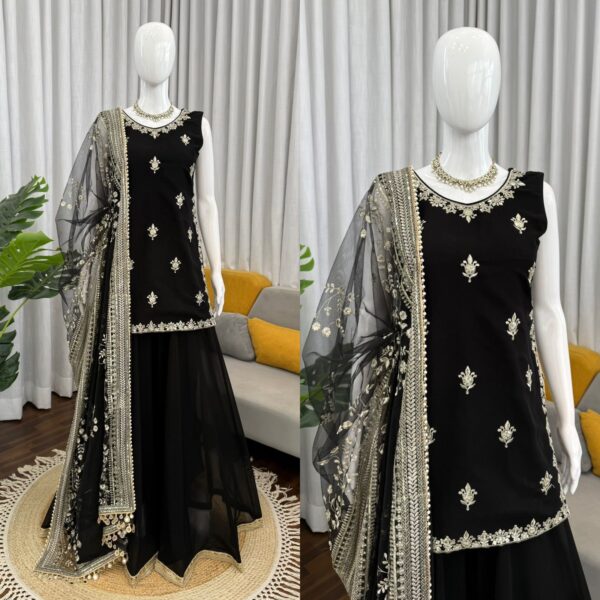 Elegant Black faux georgette top and Palazzo Set with Heavy Embroidery Dupatta Party Wear for women festive wear