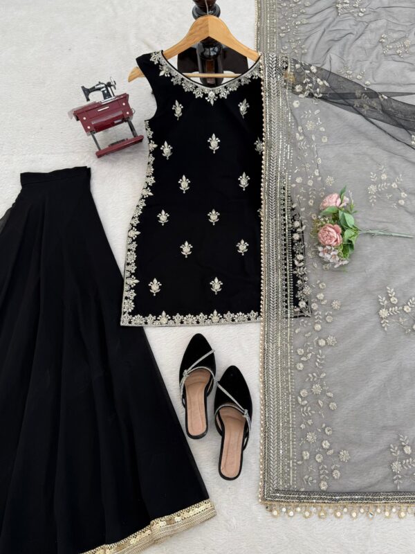 Elegant Black faux georgette top and Palazzo Set with Heavy Embroidery Dupatta Party Wear for women festive wear