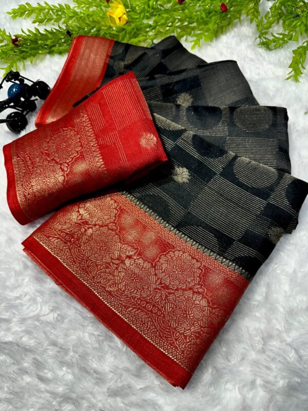 Black Silk Saree with red Zari border and traditional woven design