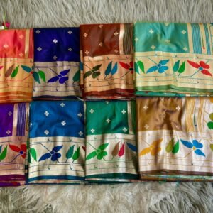 Multicoloured soft silk saree with golden zari border and floral woven design for women festive wear