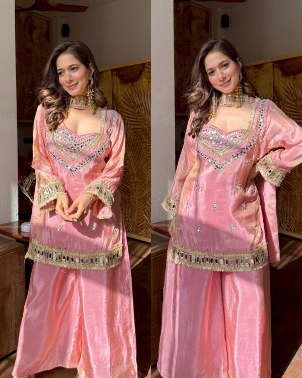 pink chinon silk kurta set with mirror work embroidery and dupatta for women festive wear for women festive wear