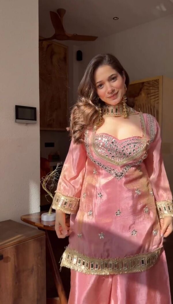 pink chinon silk kurta set with mirror work embroidery and dupatta for women festive wear for women festive wear