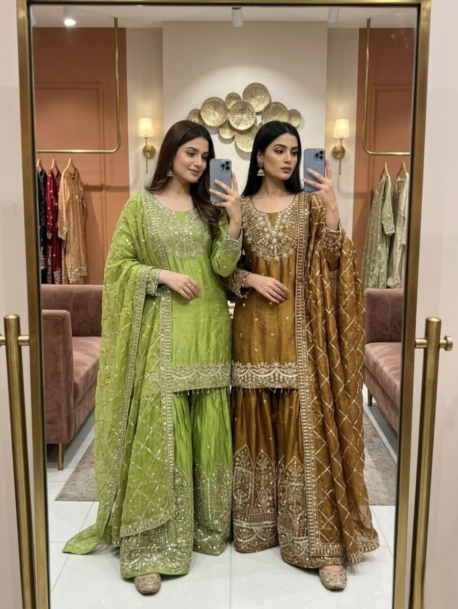 Lime Green Chinon Silk Sharara Set with Heavy Embroidery & Dupatta – Festive Wear for women festive wear