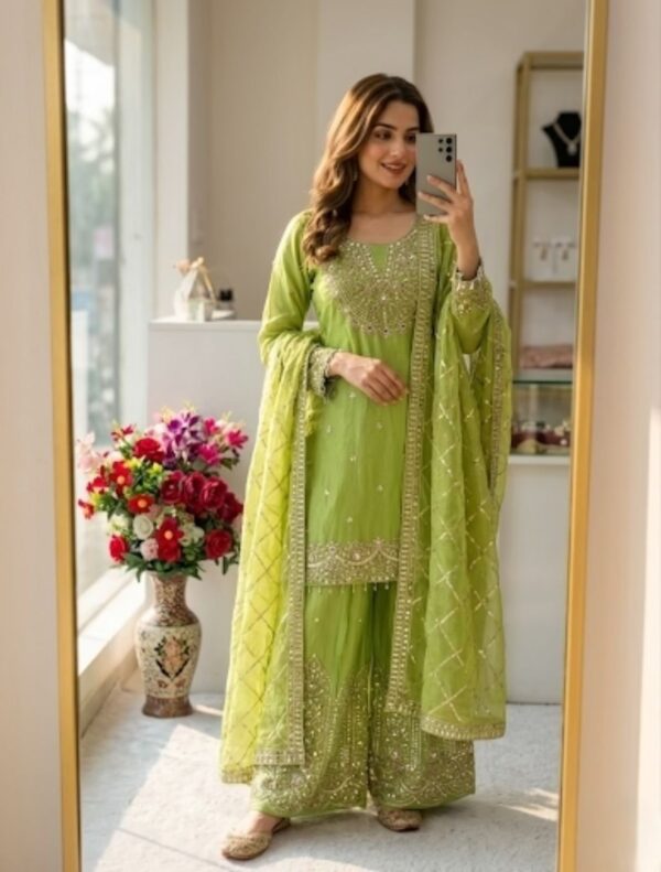 Lime Green Chinon Silk Sharara Set with Heavy Embroidery & Dupatta – Festive Wear for women festive wear