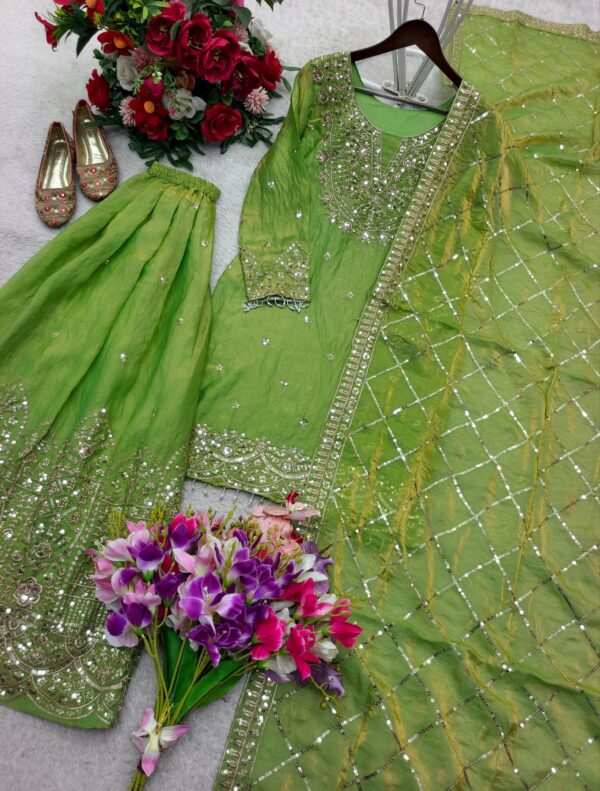 Lime Green Chinon Silk Sharara Set with Heavy Embroidery & Dupatta – Festive Wear for women festive wear