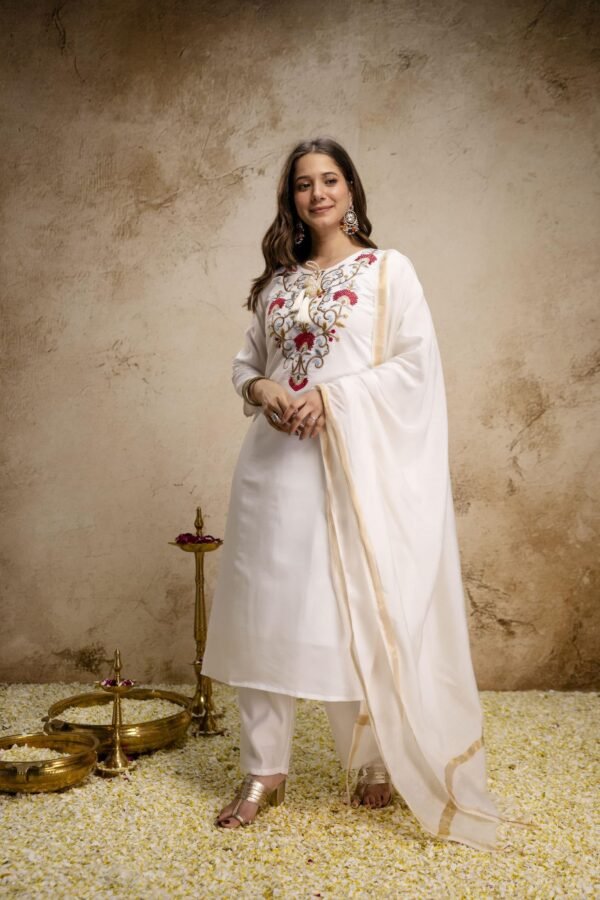 white embroidered straight suit with dupatta for women elegant festive ethnic wear for women festive wear