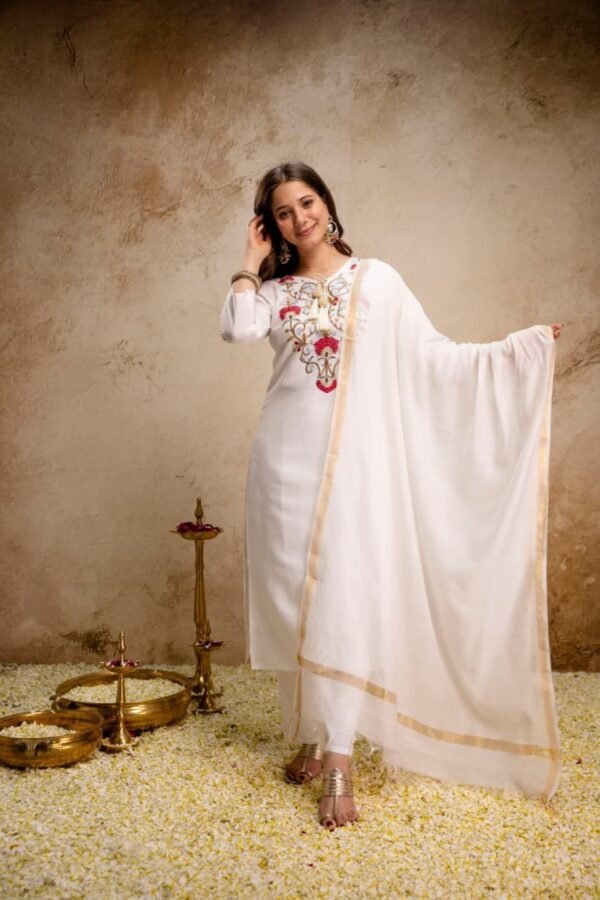 white embroidered straight suit with dupatta for women elegant festive ethnic wear for women festive wear