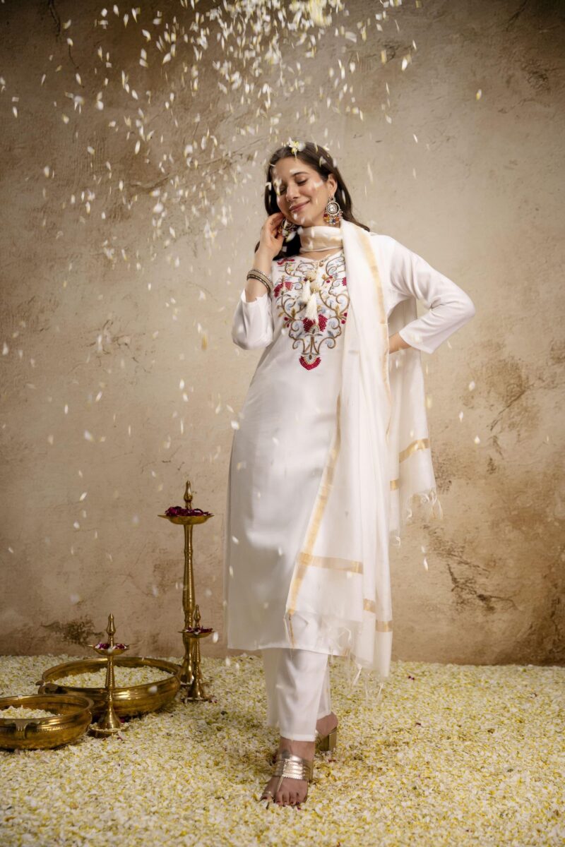 white embroidered straight suit with dupatta for women elegant festive ethnic wear for women festive wear