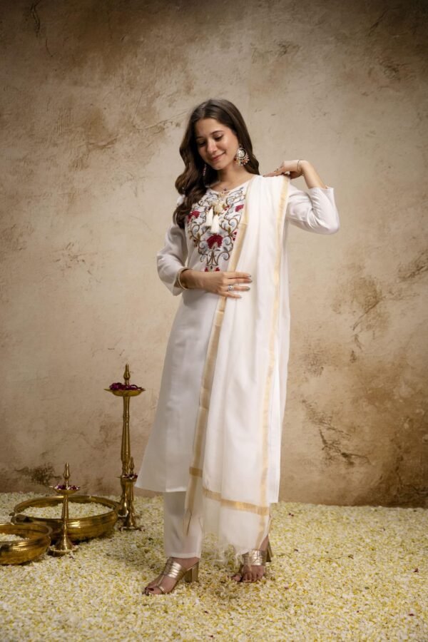 white embroidered straight suit with dupatta for women elegant festive ethnic wear for women festive wear