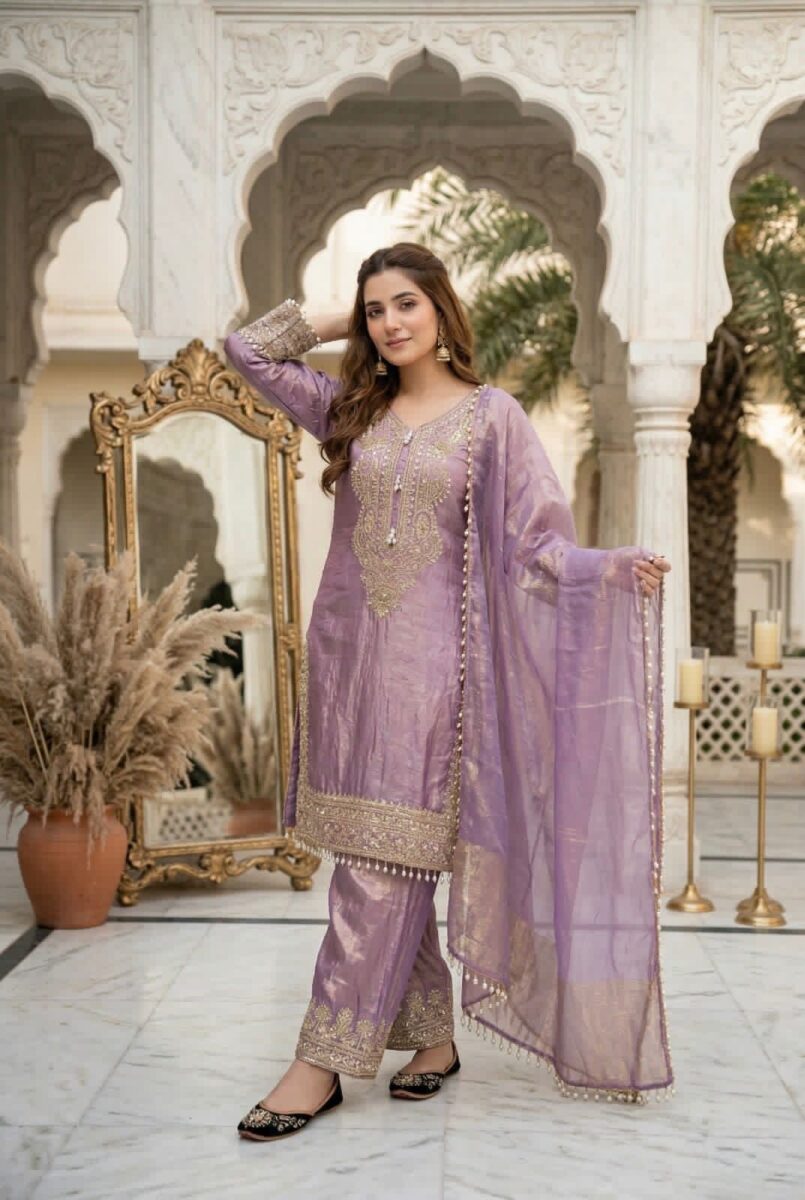 lavender chinon silk suit set with zari embroidery and dupatta for women festive wear for women festive wear