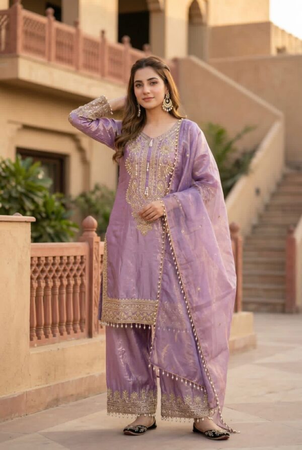 lavender chinon silk suit set with zari embroidery and dupatta for women festive wear for women festive wear