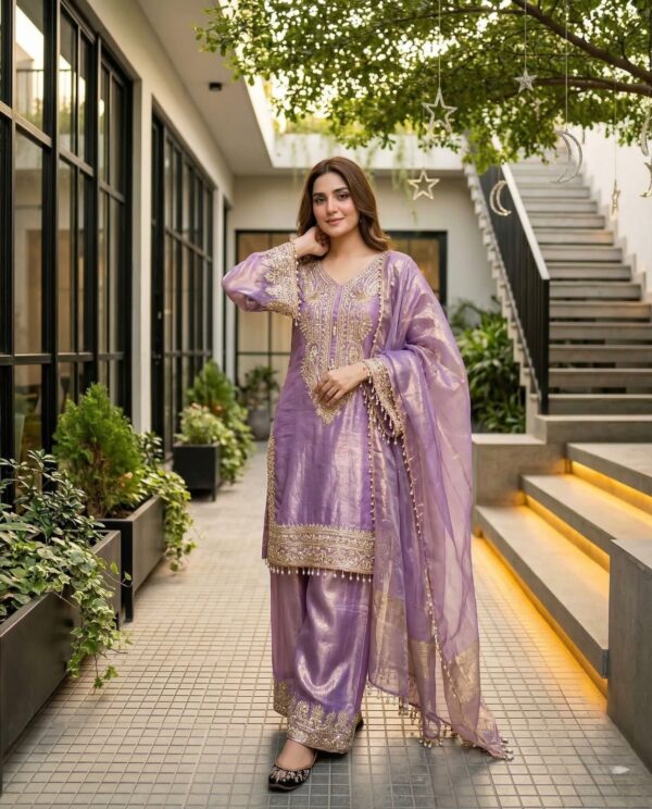 lavender chinon silk suit set with zari embroidery and dupatta for women festive wear for women festive wear