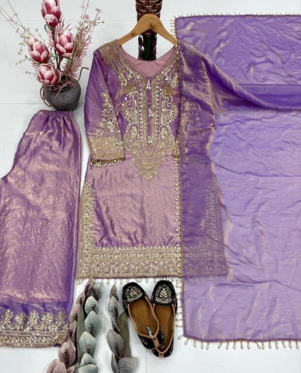 lavender chinon silk suit set with zari embroidery and dupatta for women festive wear for women festive wear