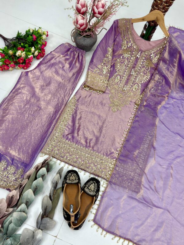 lavender chinon silk suit set with zari embroidery and dupatta for women festive wear for women festive wear