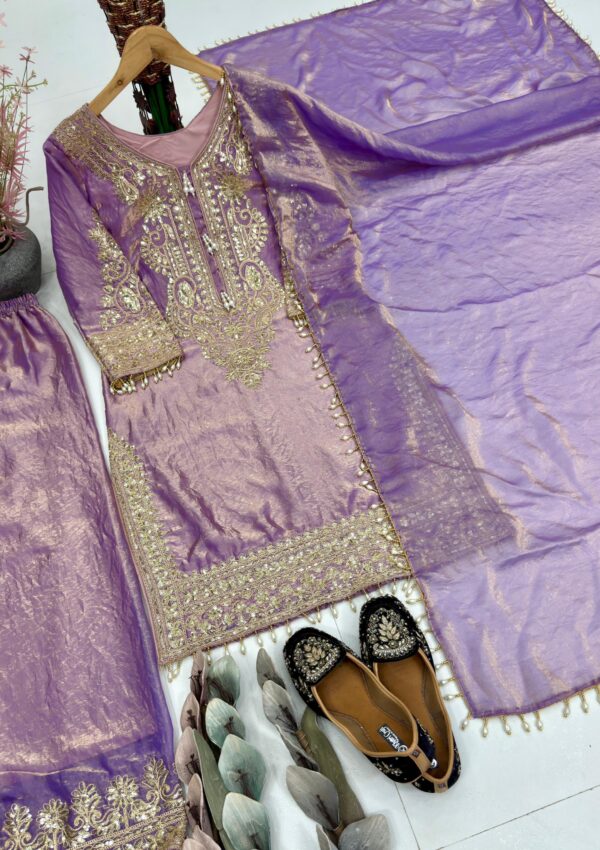 lavender chinon silk suit set with zari embroidery and dupatta for women festive wear for women festive wear