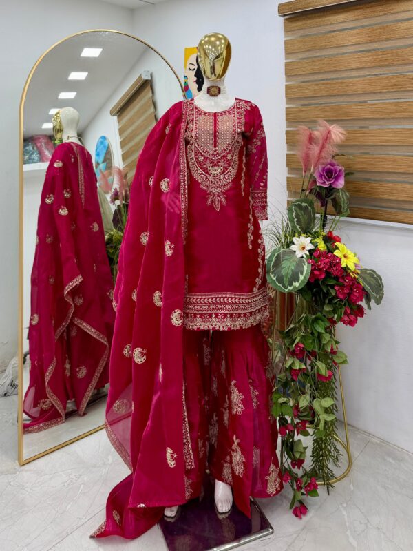 chinon silk sharara suit with heavy zari embroidery and dupatta for women party wear for women festive wear