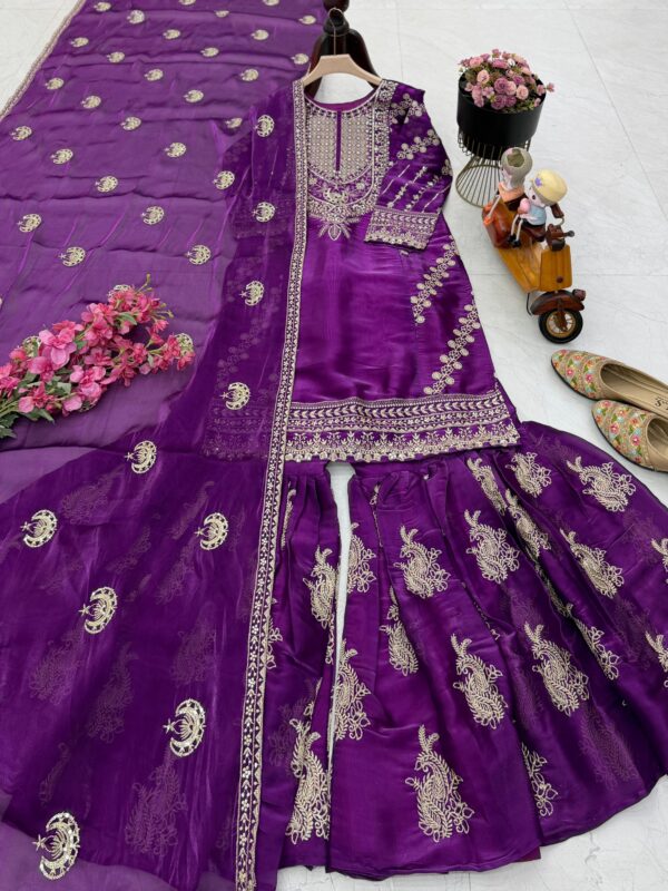 chinon silk sharara suit with heavy zari embroidery and dupatta for women party wear for women festive wear