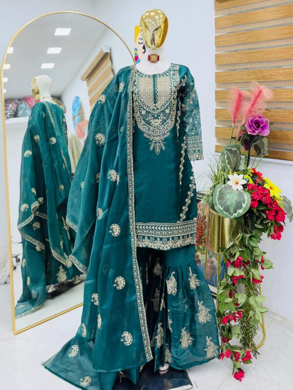 chinon silk sharara suit with heavy zari embroidery and dupatta for women party wear for women festive wear