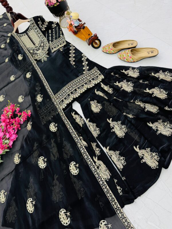 chinon silk sharara suit with heavy zari embroidery and dupatta for women party wear for women festive wear