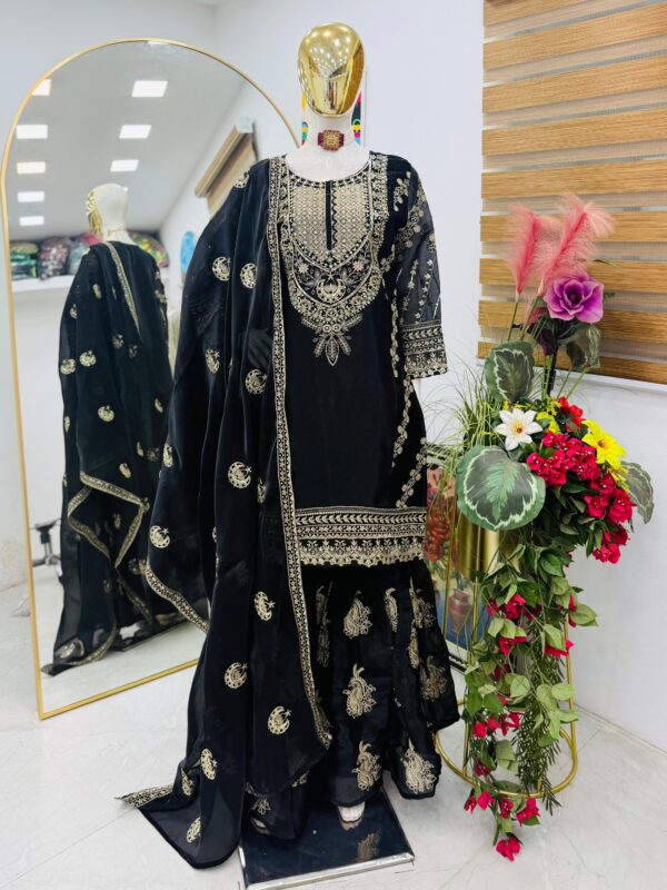 chinon silk sharara suit with heavy zari embroidery and dupatta for women party wear for women festive wear