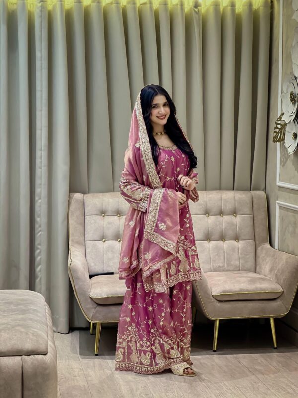 wine purple chinon silk sharara suit with heavy embroidery and dupatta for women wedding wear for women festive wear