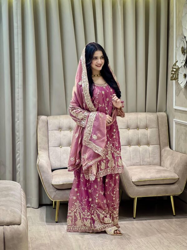 wine purple chinon silk sharara suit with heavy embroidery and dupatta for women wedding wear for women festive wear