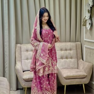 wine purple chinon silk sharara suit with heavy embroidery and dupatta for women wedding wear for women festive wear