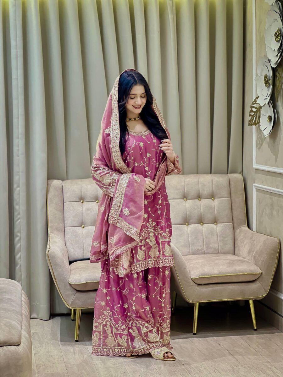 wine purple chinon silk sharara suit with heavy embroidery and dupatta for women wedding wear for women festive wear