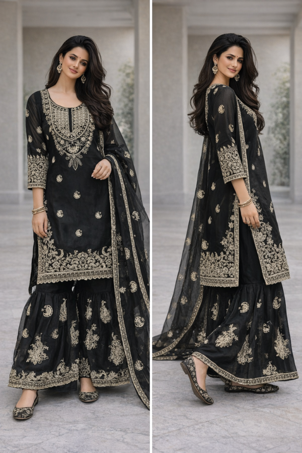 chinon silk sharara suit with heavy zari embroidery and dupatta for women party wear for women festive wear