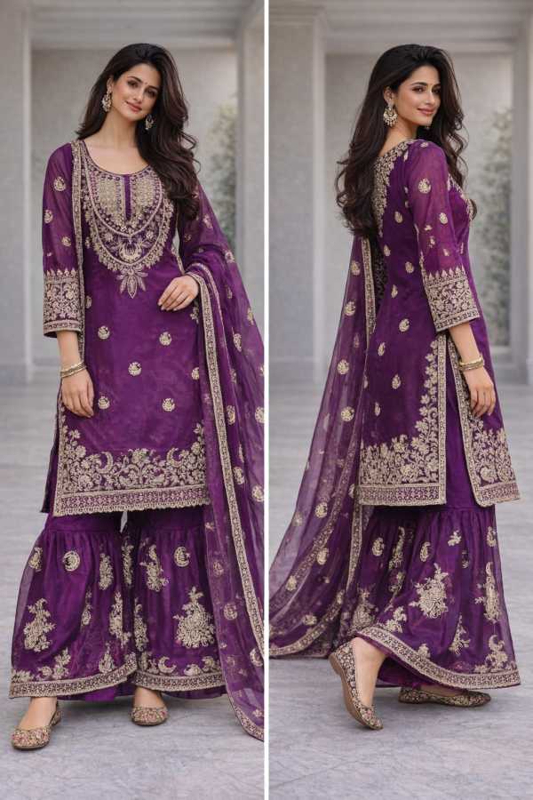 chinon silk sharara suit with heavy zari embroidery and dupatta for women party wear for women festive wear