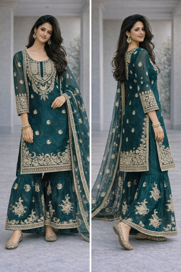 chinon silk sharara suit with heavy zari embroidery and dupatta for women party wear for women festive wear