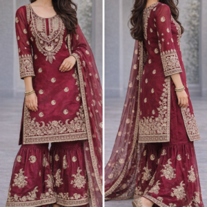 chinon silk sharara suit with heavy zari embroidery and dupatta for women party wear for women festive wear