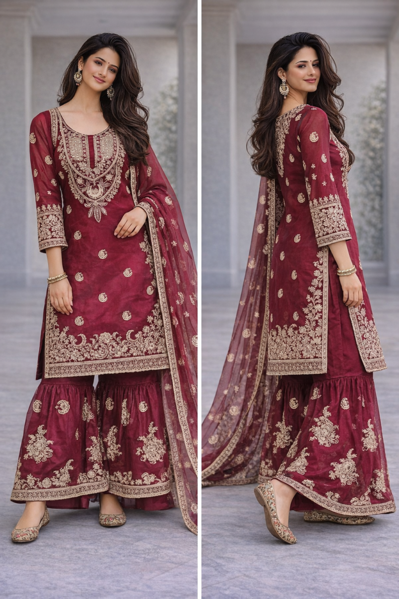 chinon silk sharara suit with heavy zari embroidery and dupatta for women party wear for women festive wear