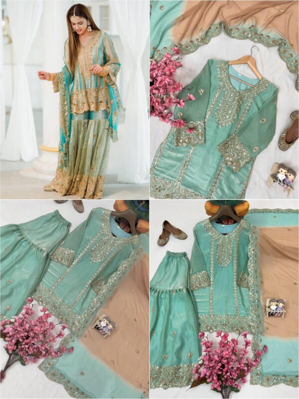 sea green embroidered sharara suit with dupatta for women wedding party wear for women festive wear