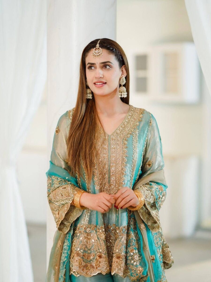 sea green embroidered sharara suit with dupatta for women wedding party wear for women festive wear
