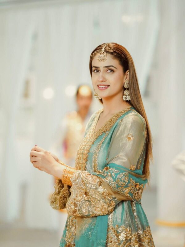 sea green embroidered sharara suit with dupatta for women wedding party wear for women festive wear