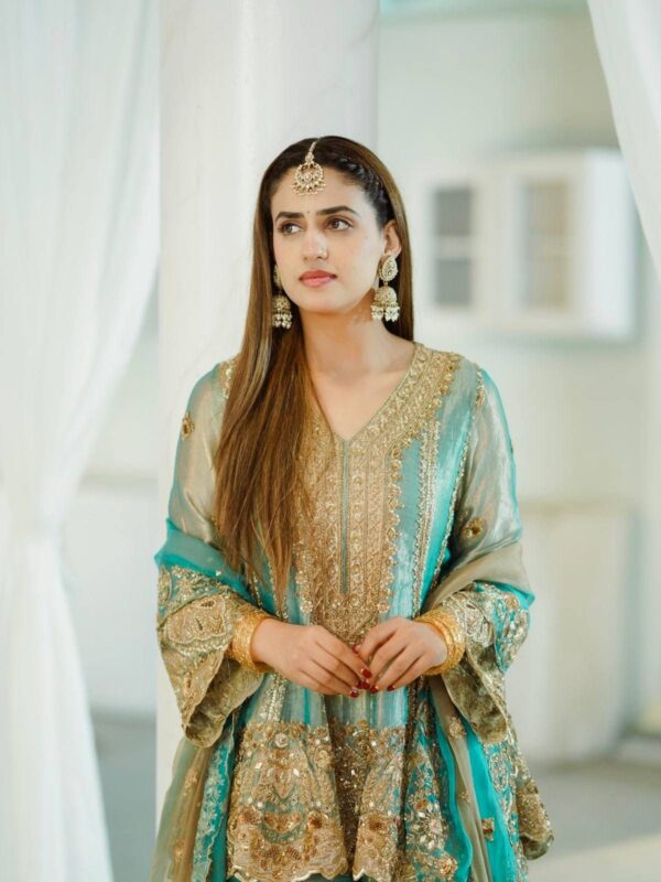 sea green embroidered sharara suit with dupatta for women wedding party wear for women festive wear