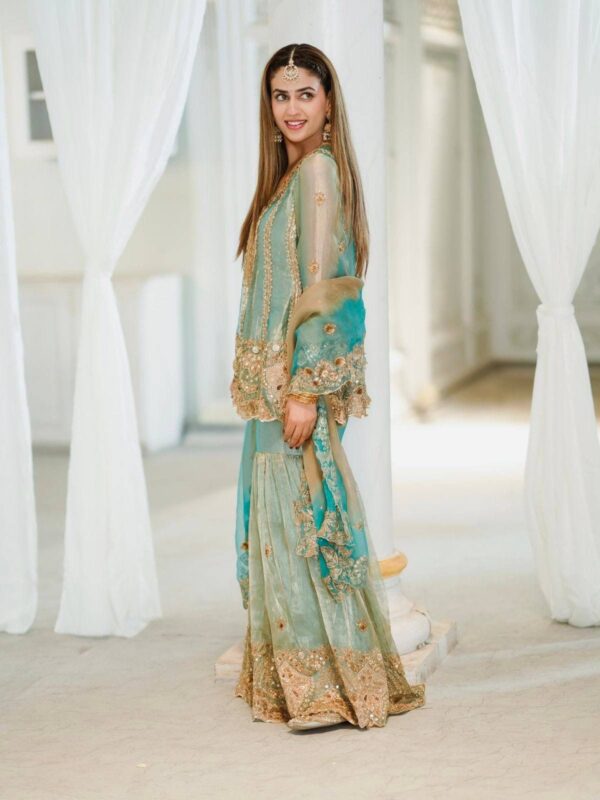 sea green embroidered sharara suit with dupatta for women wedding party wear for women festive wear