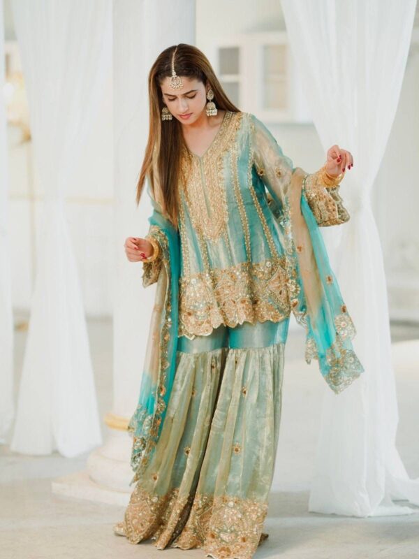 sea green embroidered sharara suit with dupatta for women wedding party wear for women festive wear