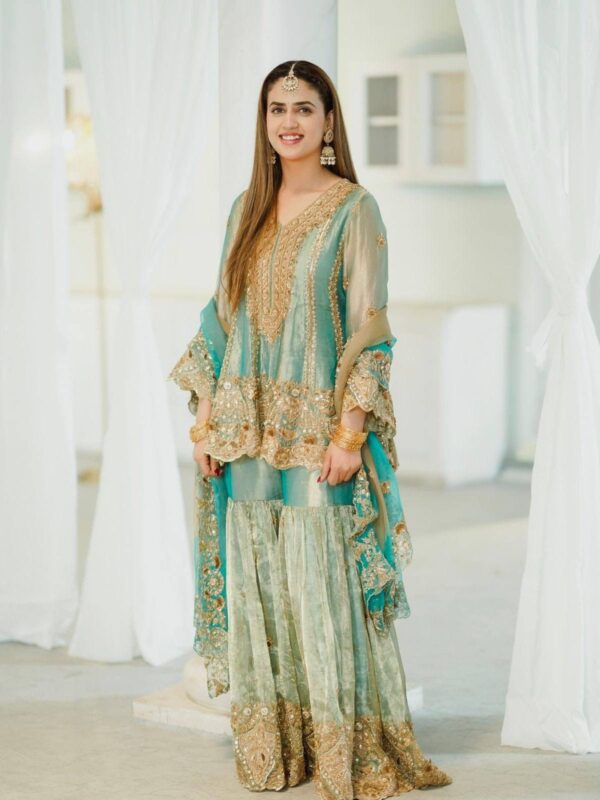 sea green embroidered sharara suit with dupatta for women wedding party wear for women festive wear
